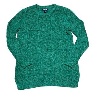 Lands’ End Women’s Green Grid Knit Crewneck Sweater Size Medium Cotton Wool